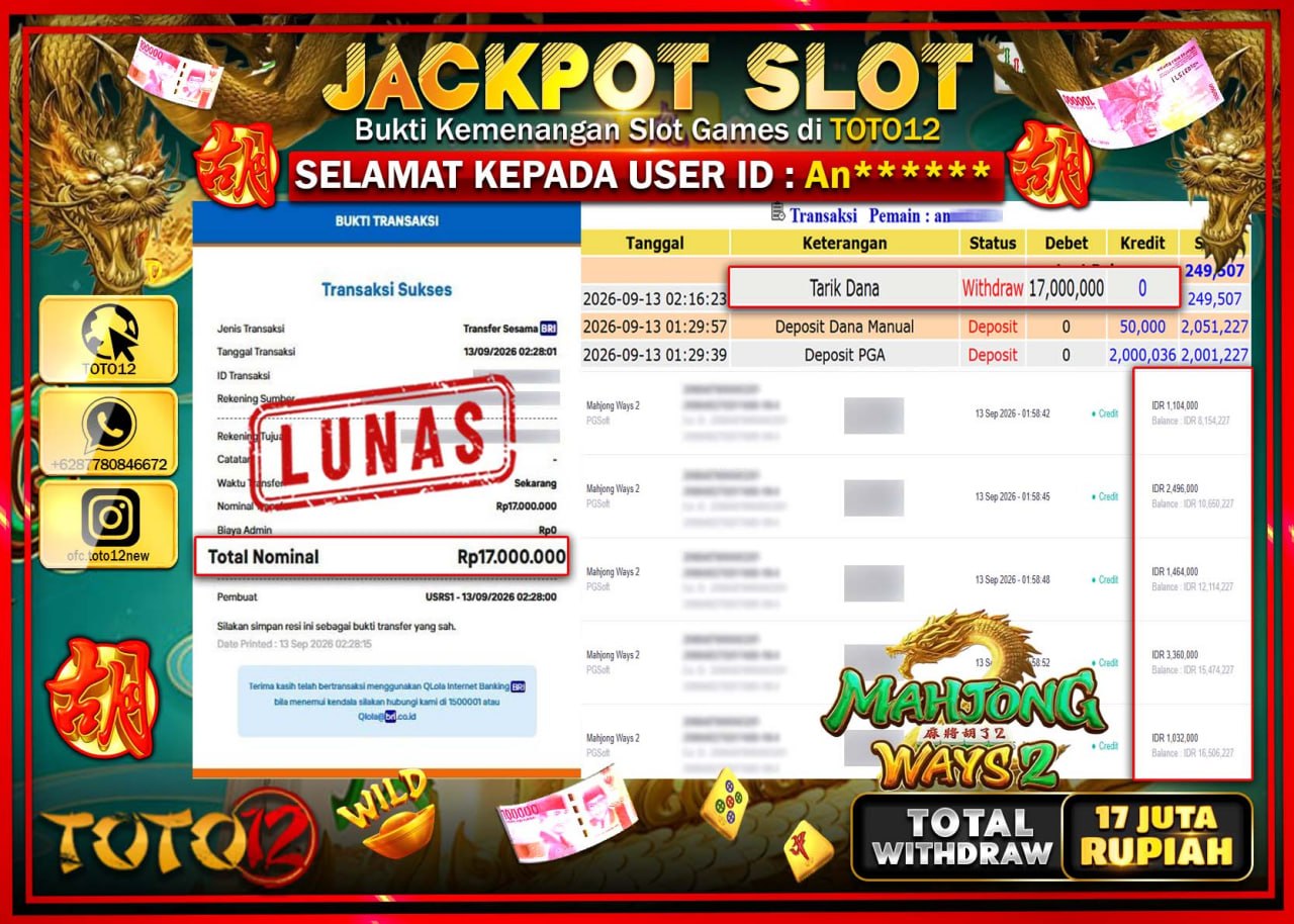 HANYA DI TOTO12 JP PASTI DI BAYAR LUNAS DAN CEPAT!!!!!! JACKPOT SLOT GAME (MAHJONG WAYS 2) Rp17.000.000!!!!