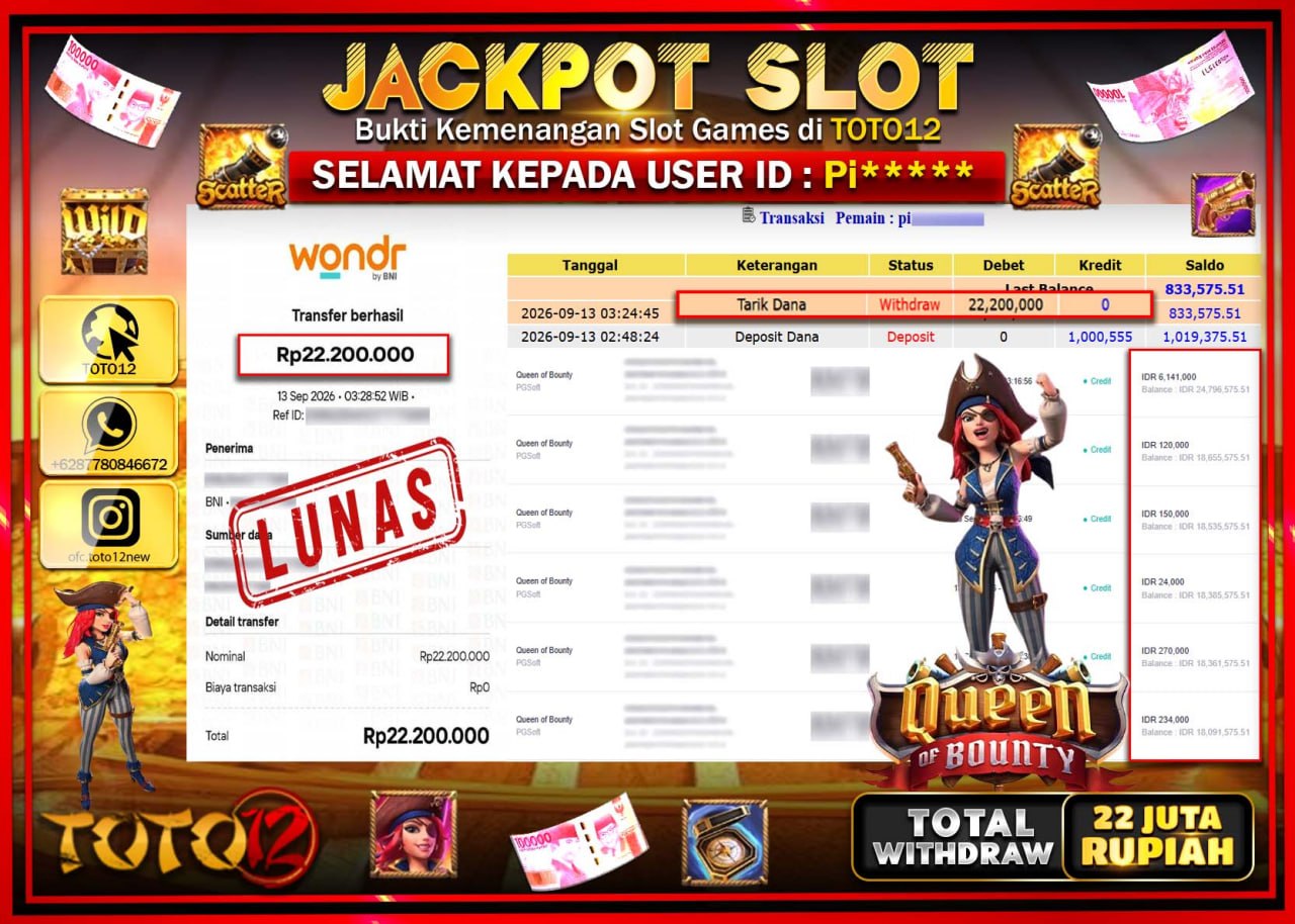 HANYA DI TOTO12 JP PASTI DI BAYAR LUNAS DAN CEPAT!!!!!! JACKPOT SLOT GAME (QUEEN OF BOUNTY) Rp22.200.000!!!!
