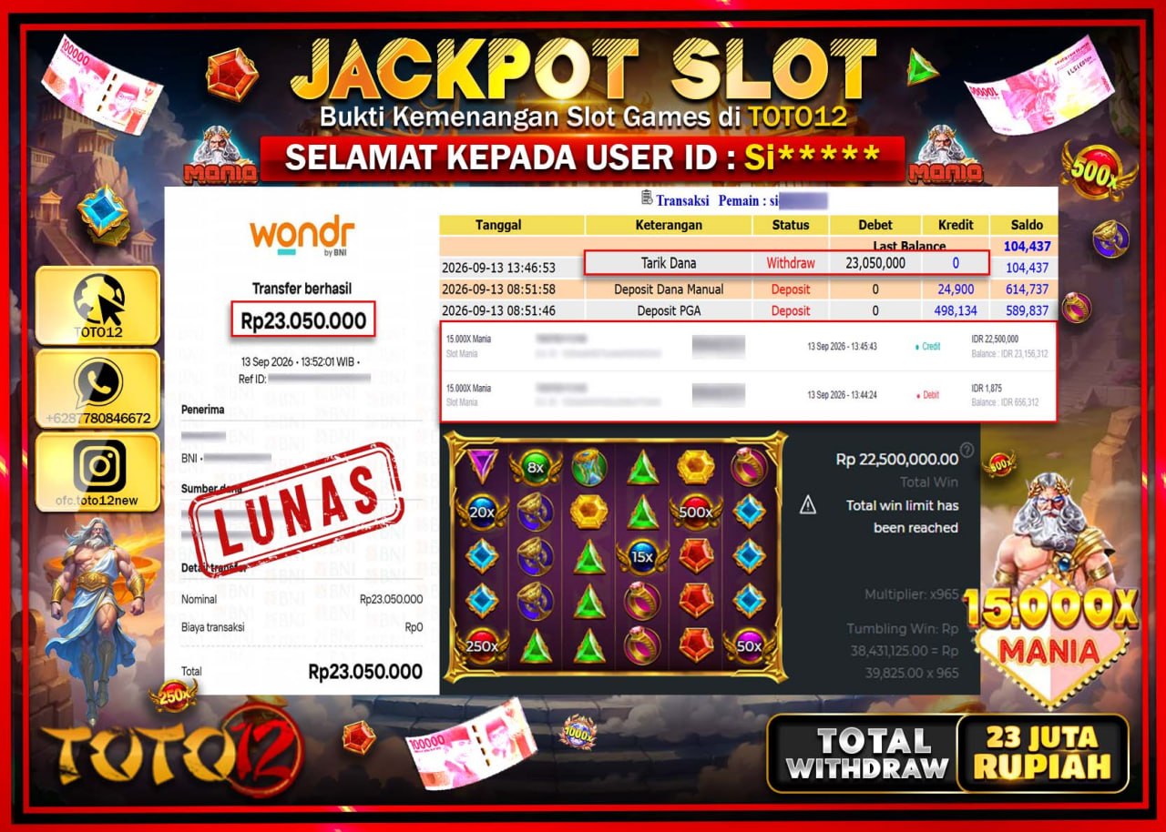 HANYA DI TOTO12 JP PASTI DI BAYAR LUNAS DAN CEPAT!!!!!! JACKPOT SLOT GAME (15.000x MANIA) Rp23.050.000!!!!