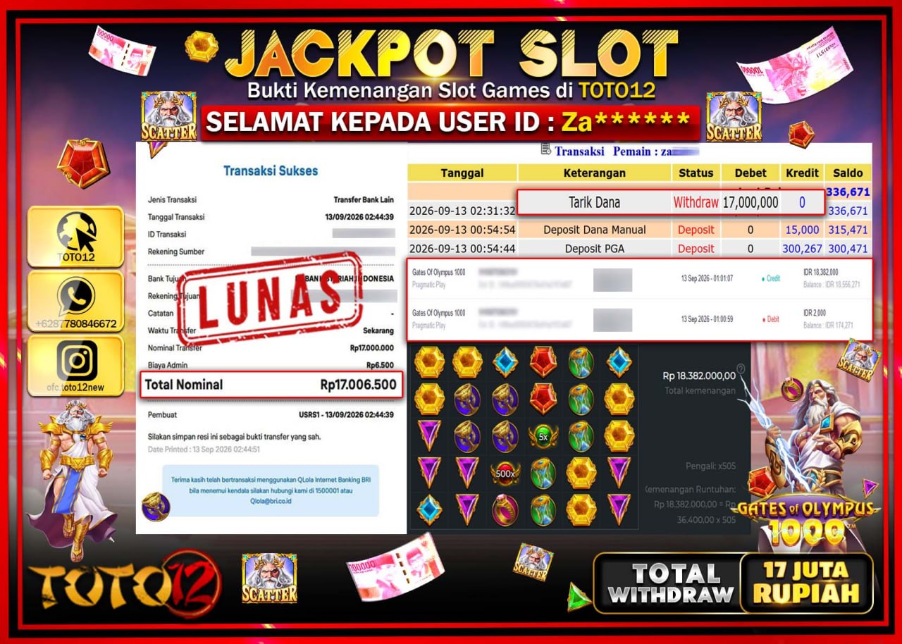 HANYA DI TOTO12 JP PASTI DI BAYAR LUNAS DAN CEPAT!!!!!! JACKPOT SLOT GAME (GATES OF OLYMPUS 1000) Rp17.000.000!!!!