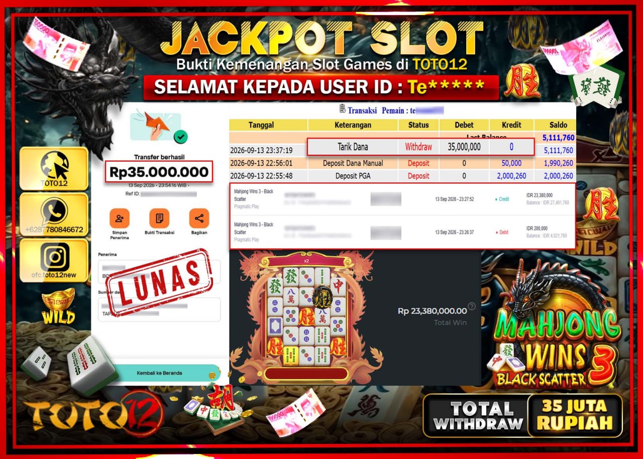 HANYA DI TOTO12 JP PASTI DI BAYAR LUNAS DAN CEPAT!!!!!! JACKPOT SLOT GAME (MAHJONG WINS 3 BLACK SCATTER) Rp35.000.000!!!!