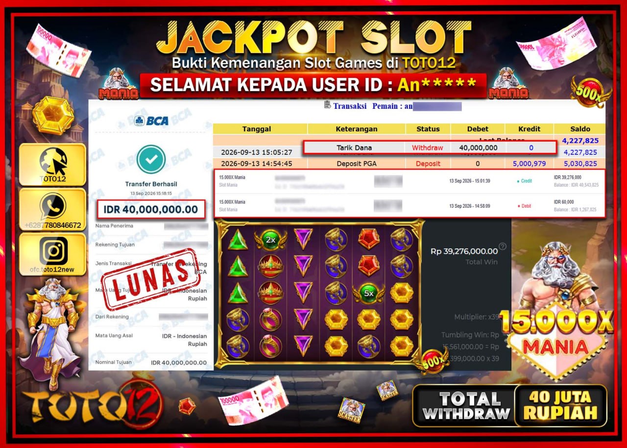 HANYA DI TOTO12 JP PASTI DI BAYAR LUNAS DAN CEPAT!!!!!! JACKPOT SLOT GAME (15.000x MANIA) Rp40.000.000!!!!