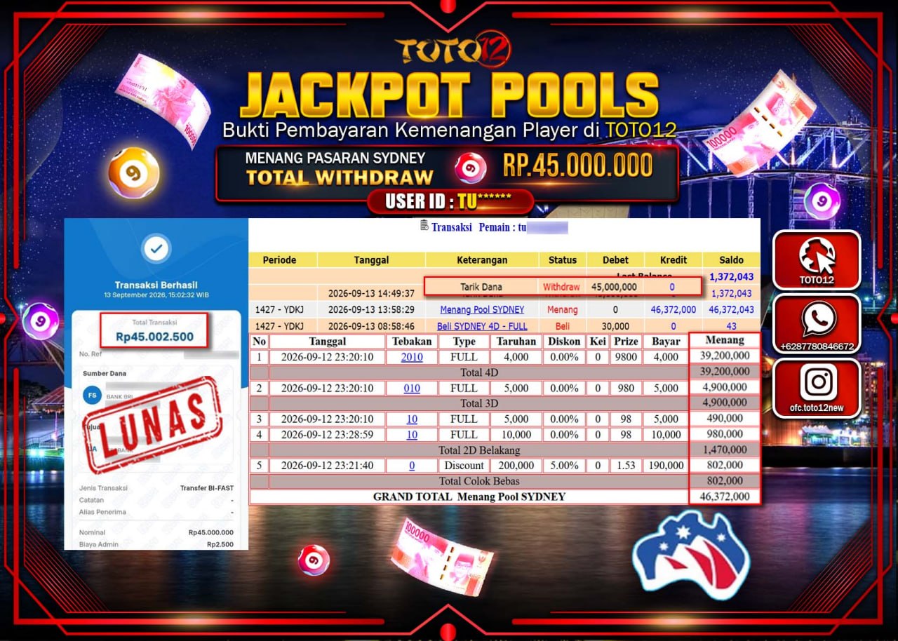 HANYA DI TOTO12 JP PASTI DI BAYAR LUNAS DAN CEPAT!!!!!! JACKPOT POOLS PASARAN (SYDNEY) Rp45.000.000!!!!