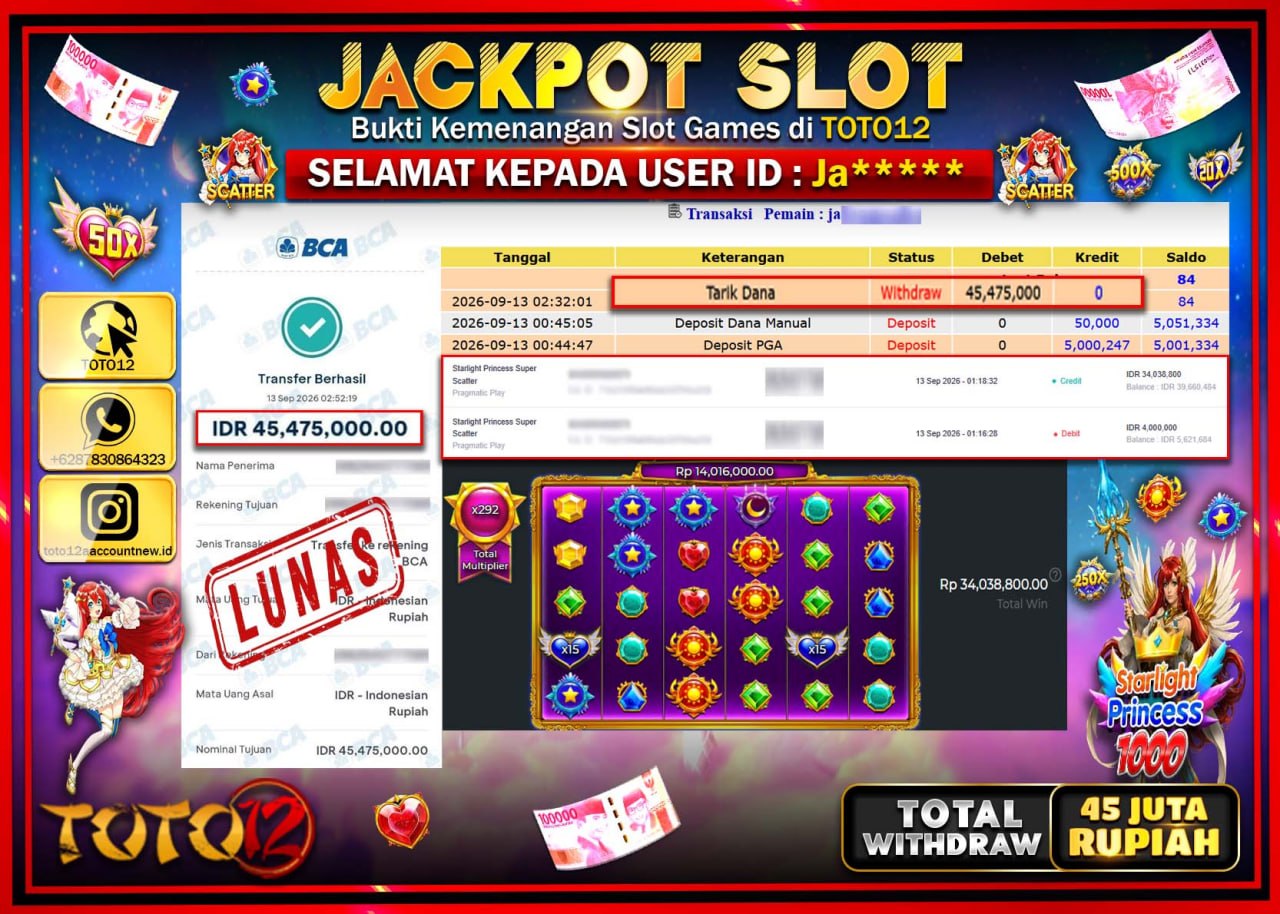 HANYA DI TOTO12 JP PASTI DI BAYAR LUNAS DAN CEPAT!!!!!! JACKPOT SLOT GAME (STARLIGHT PRINCESS 1000) Rp45.475.000!!!!