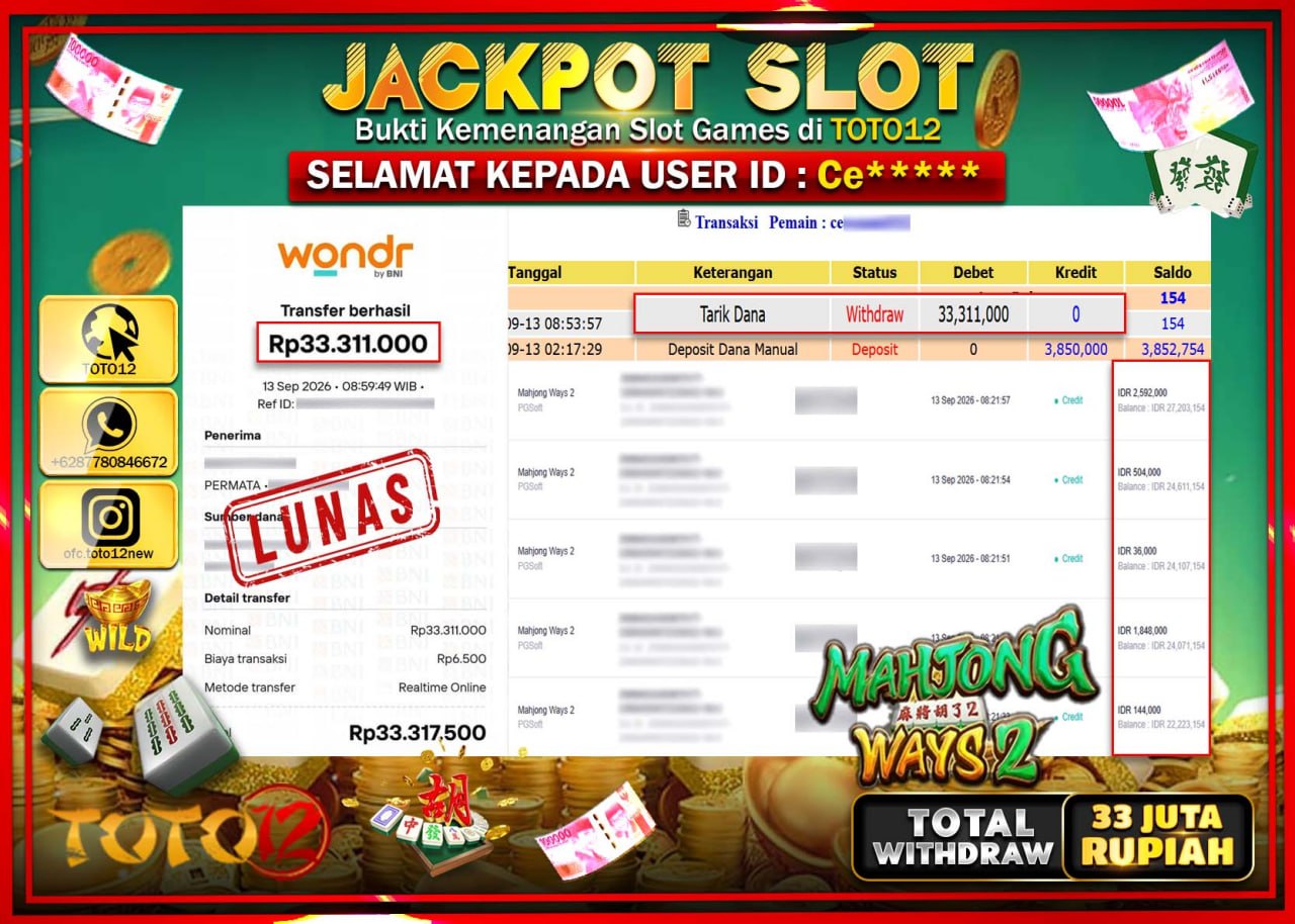 HANYA DI TOTO12 JP PASTI DI BAYAR LUNAS DAN CEPAT!!!!!! JACKPOT SLOT GAME (MAHJONG WAYS 2) Rp33.311.000!!!!