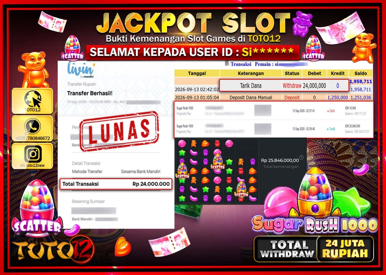HANYA DI TOTO12 JP PASTI DI BAYAR LUNAS DAN CEPAT!!!!!! JACKPOT SLOT GAME (SUGAR RUSH 1000) Rp24.000.000!!!!