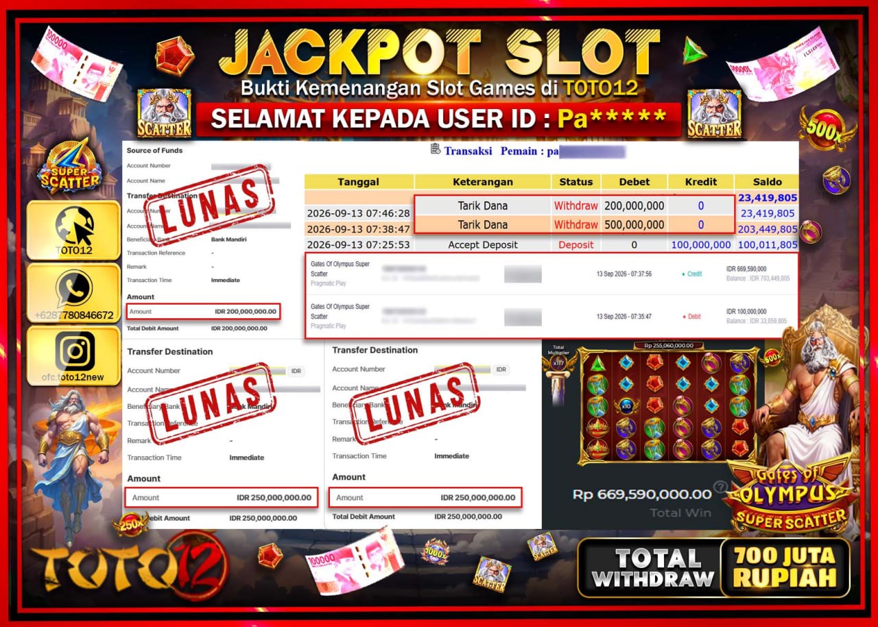 HANYA DI TOTO12 JP PASTI DI BAYAR LUNAS DAN CEPAT!!!!!! JACKPOT SLOT GAME (GATES OF OLYMPUS SUPER SCATTER) Rp700.000.000!!!!