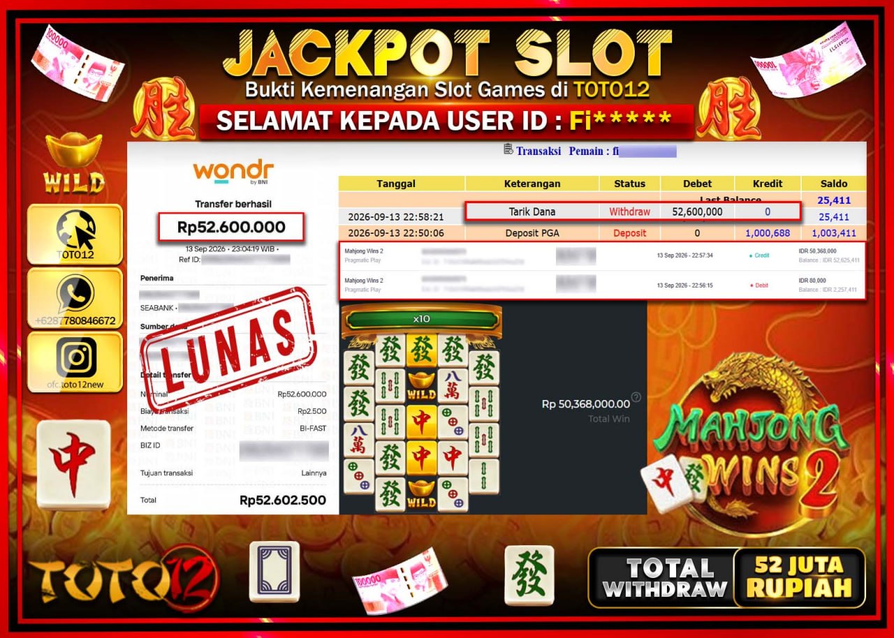HANYA DI TOTO12 JP PASTI DI BAYAR LUNAS DAN CEPAT!!!!!! JACKPOT SLOT GAME (MAHJONG WINS 2) Rp52.600.000!!!!