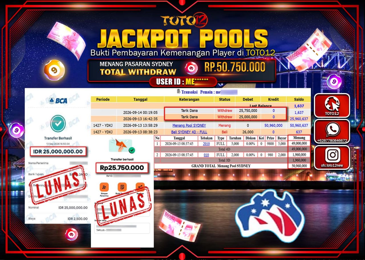 HANYA DI TOTO12 JP PASTI DI BAYAR LUNAS DAN CEPAT!!!!!! JACKPOT POOLS PASARAN (SYDNEY) Rp50.750.000!!!!