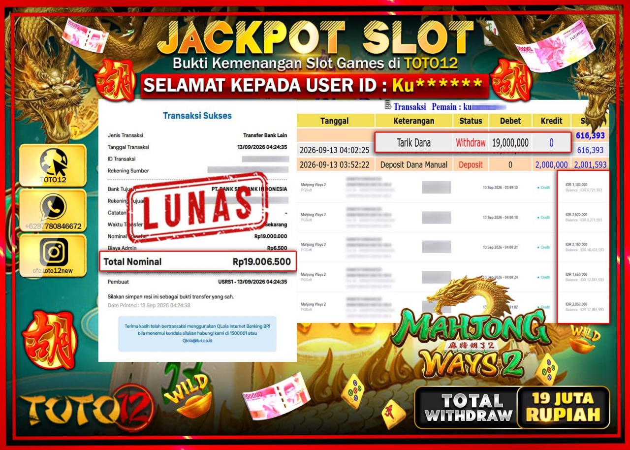 HANYA DI TOTO12 JP PASTI DI BAYAR LUNAS DAN CEPAT!!!!!! JACKPOT SLOT GAME (MAHJONG WAYS 2) Rp19.000.000!!!!