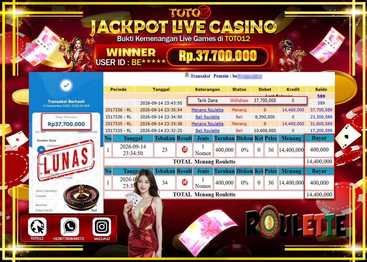 HANYA DI TOTO12 JP PASTI DI BAYAR LUNAS DAN CEPAT!!!!!! JACKPOT  LIVE GAME CASINO (ROULETTE)Rp37.700.000!!!!