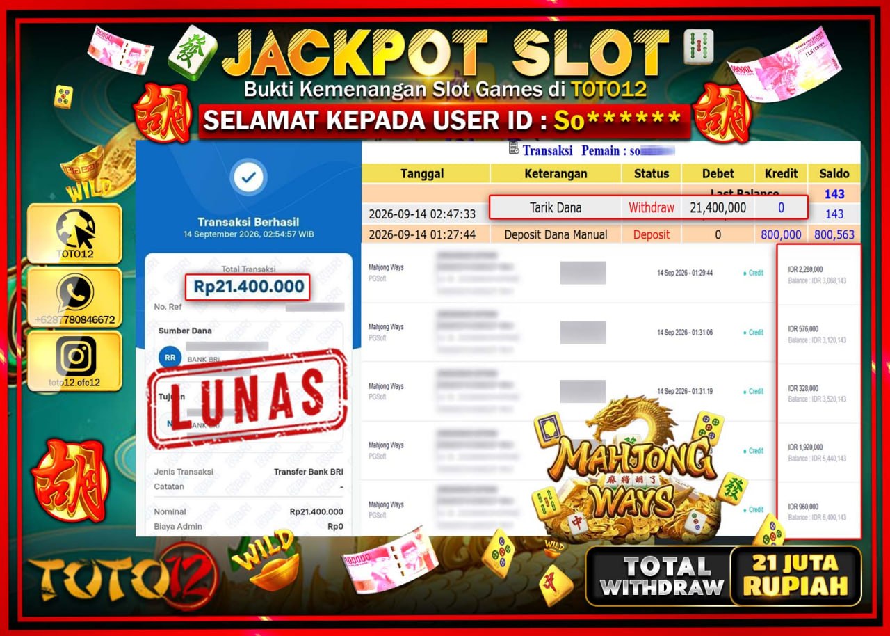 HANYA DI TOTO12 JP PASTI DI BAYAR LUNAS DAN CEPAT!!!!!! JACKPOT SLOT GAME (MAHJONG WAYS) Rp21.400.000!!!!