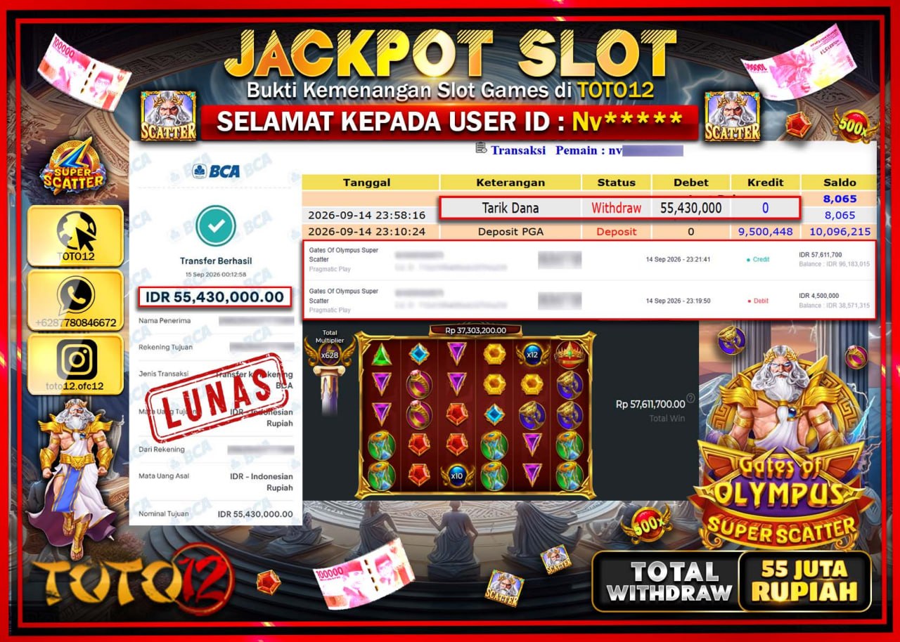 HANYA DI TOTO12 JP PASTI DI BAYAR LUNAS DAN CEPAT!!!!!! JACKPOT SLOT GAME (GATES OF OLYMPUS SUPER SCATTER) Rp55.430.000!!!!