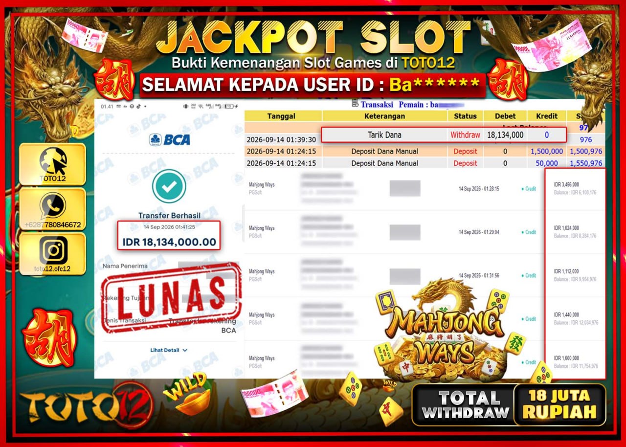 HANYA DI TOTO12 JP PASTI DI BAYAR LUNAS DAN CEPAT!!!!!! JACKPOT SLOT GAME (MAHJONG WAYS) Rp18.134.000!!!!