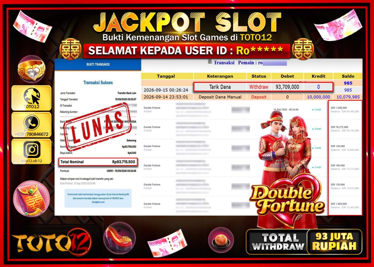 HANYA DI TOTO12 JP PASTI DI BAYAR LUNAS DAN CEPAT!!!!!! JACKPOT SLOT GAME (DOUBLE FORTUNE) Rp93.709.000!!!!