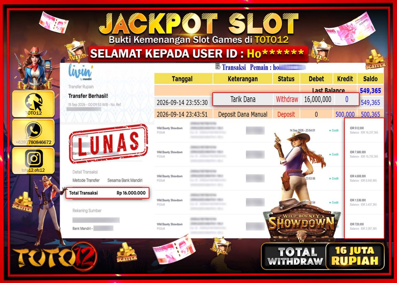 HANYA DI TOTO12 JP PASTI DI BAYAR LUNAS DAN CEPAT!!!!!! JACKPOT SLOT GAME (WILD BOUNTY SHOWDOWN) Rp16.000.000!!!!