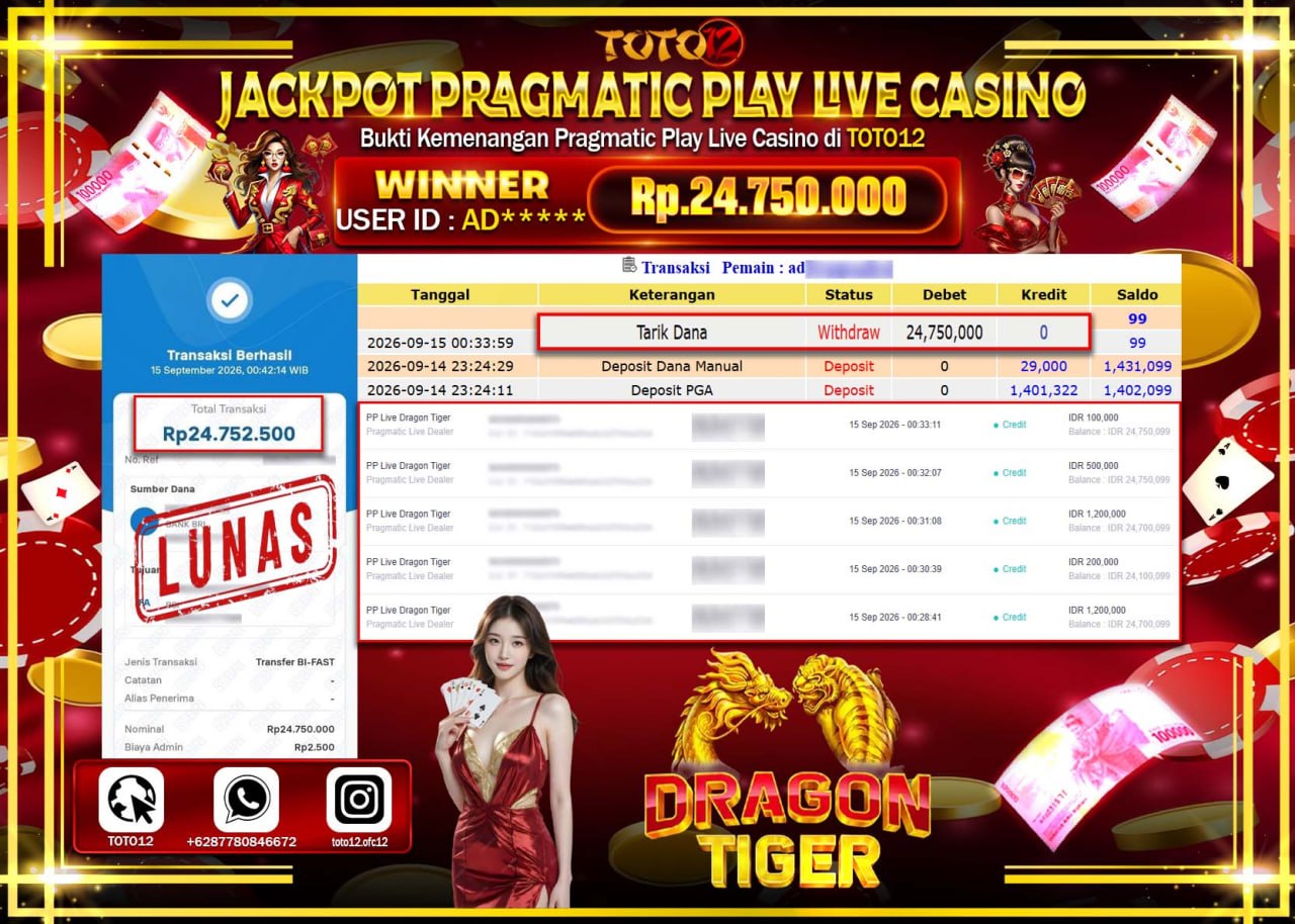 HANYA DI TOTO12 JP PASTI DI BAYAR LUNAS DAN CEPAT!!!!!! JACKPOT PRAGMATIC PLAY LIVE GAME CASINO (PP LIVE DRAGON TIGER) Rp24.750.000!!!!