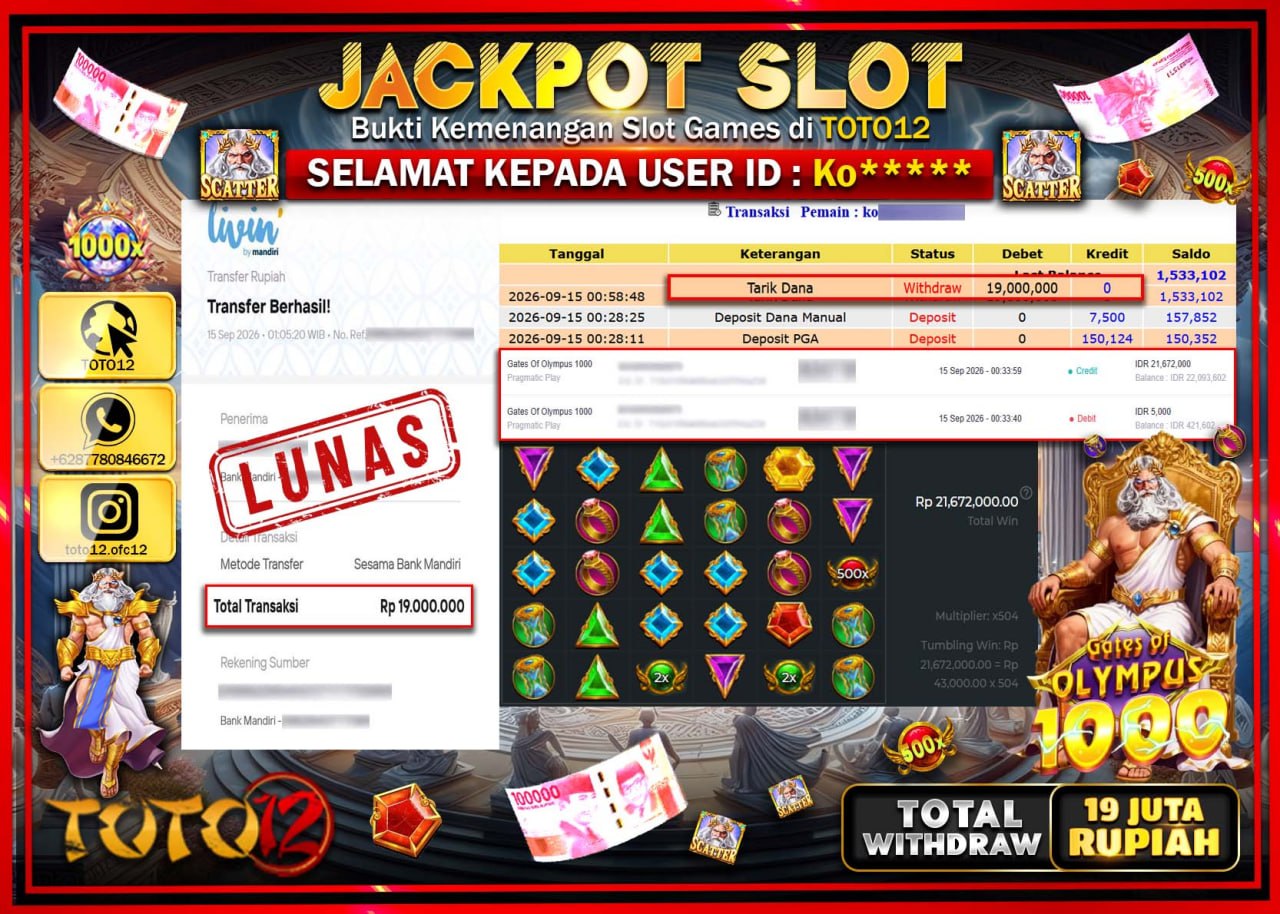 HANYA DI TOTO12 JP PASTI DI BAYAR LUNAS DAN CEPAT!!!!!! JACKPOT SLOT GAME (GATES OF OLYMPUS 1000) Rp19.000.000!!!!