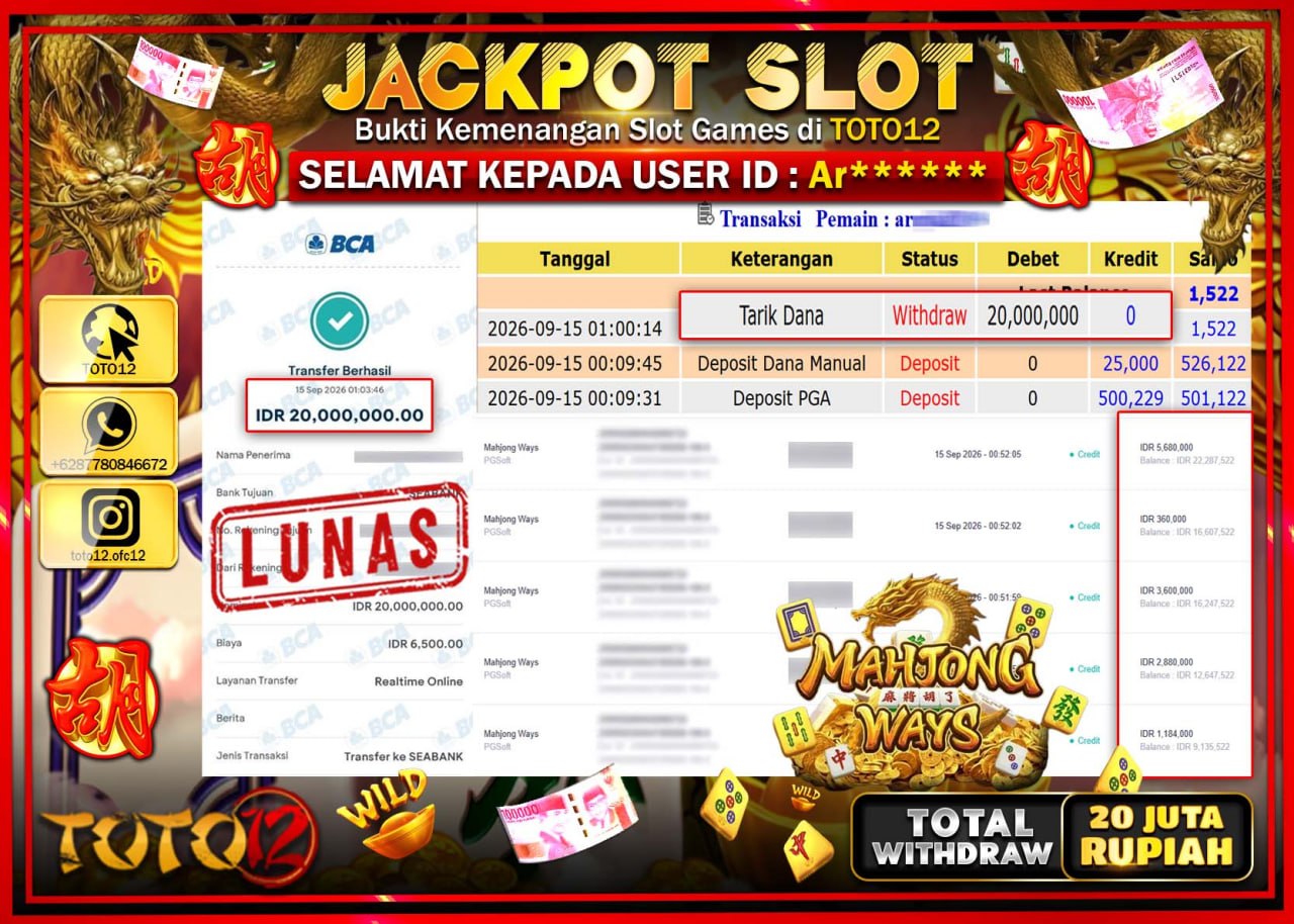 HANYA DI TOTO12 JP PASTI DI BAYAR LUNAS DAN CEPAT!!!!!! JACKPOT SLOT GAME (MAHJONG WAYS) Rp20.000.000!!!!
