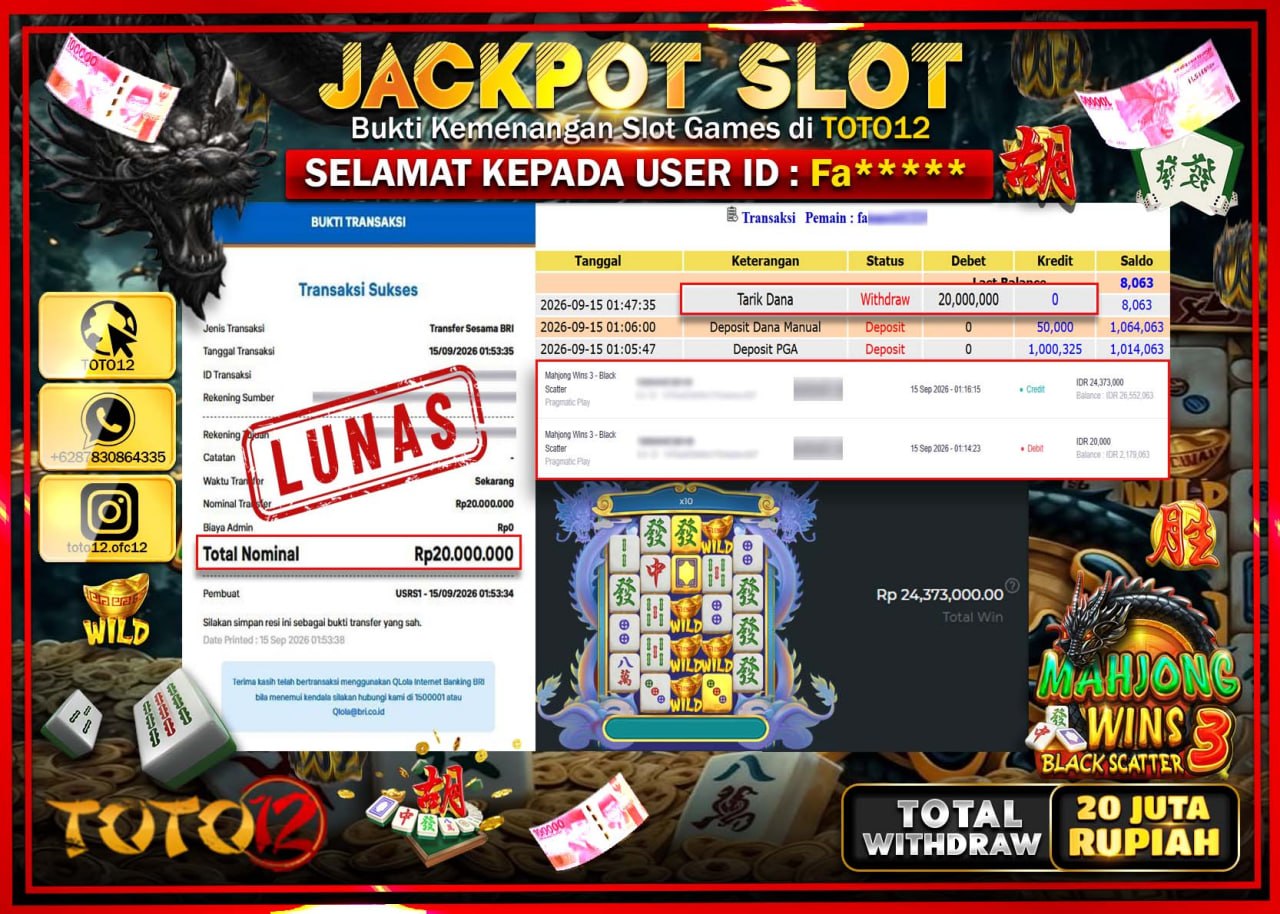 HANYA DI TOTO12 JP PASTI DI BAYAR LUNAS DAN CEPAT!!!!!! JACKPOT SLOT GAME (MAHJONG WINS 3 BLACK SCATTER) Rp20.000.000!!!!