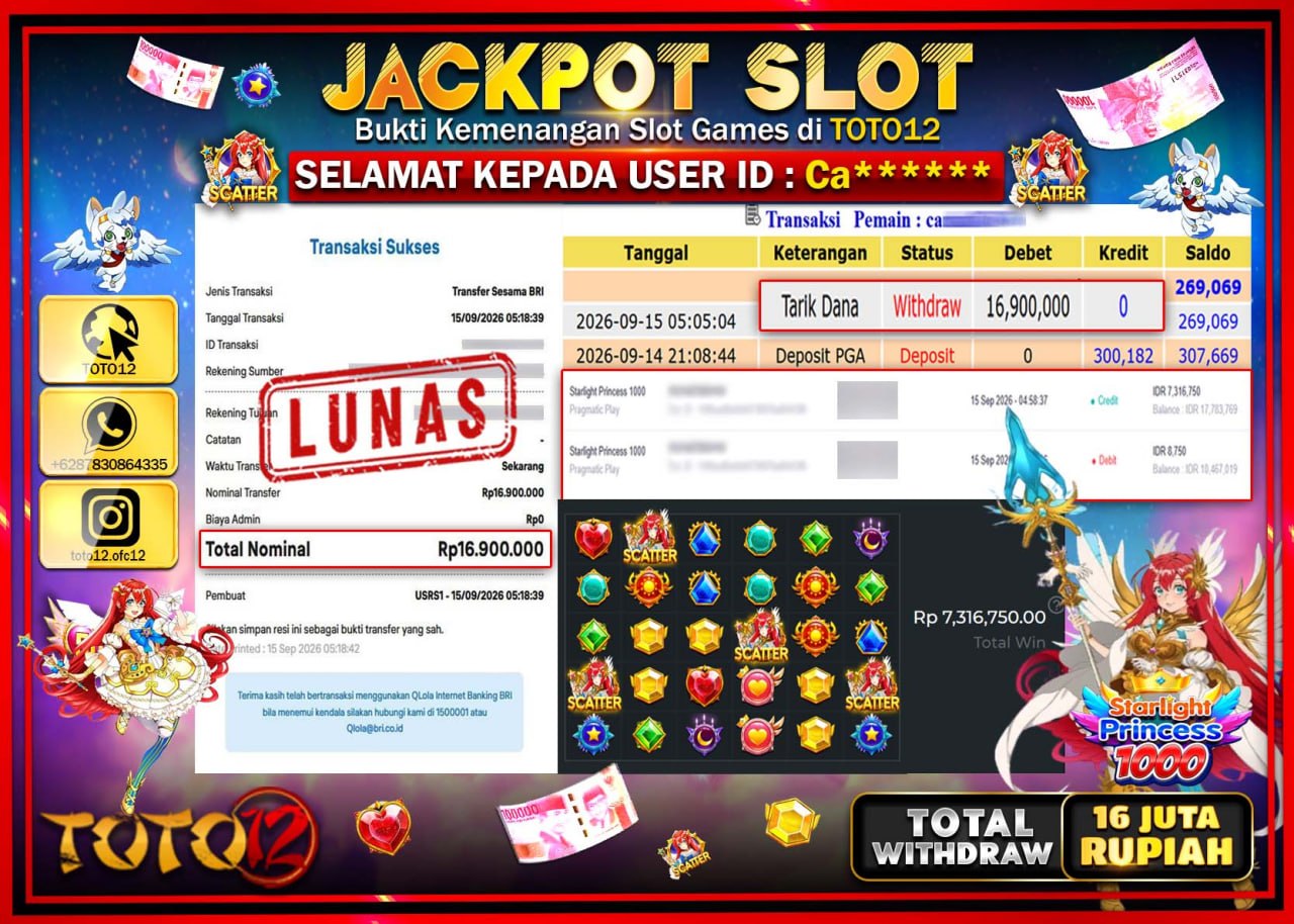 HANYA DI TOTO12 JP PASTI DI BAYAR LUNAS DAN CEPAT!!!!!! JACKPOT SLOT GAME (STARLIGHT PRINCESS 1000) Rp16.900.000!!!!