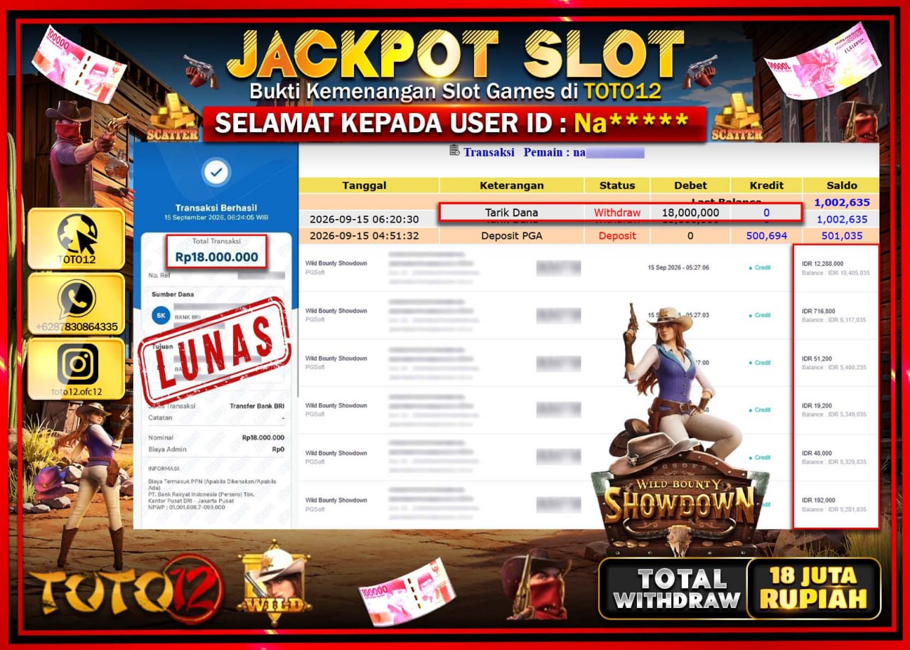 HANYA DI TOTO12 JP PASTI DI BAYAR LUNAS DAN CEPAT!!!!!! JACKPOT SLOT GAME (WILD BOUNTY SHOWDOWN) Rp18.000.000!!!!
