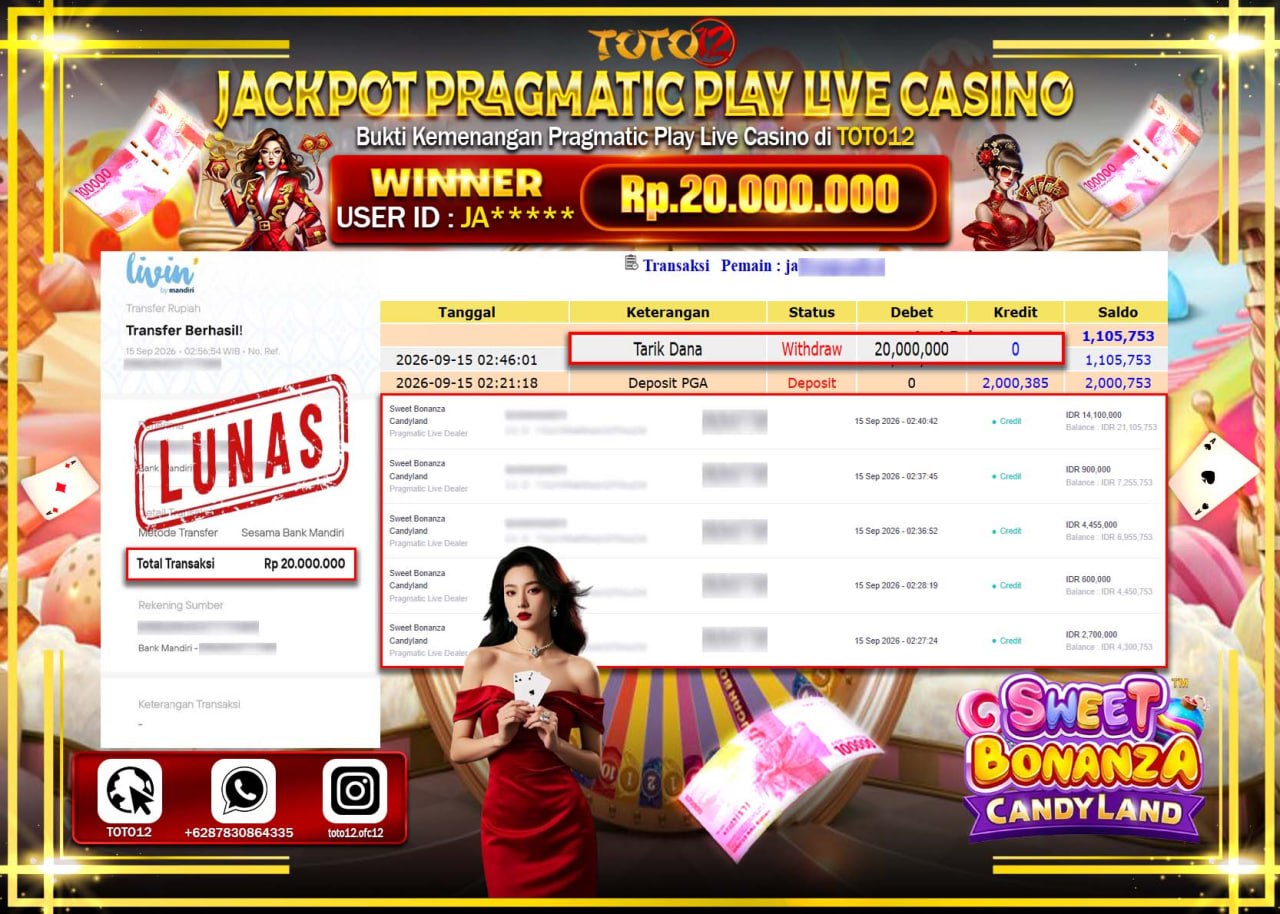 HANYA DI TOTO12 JP PASTI DI BAYAR LUNAS DAN CEPAT!!!!!! JACKPOT PRAGMATIC PLAY LIVE GAME CASINO (SWEET BONANZA CANDYLAND) Rp20.000.000!!!!