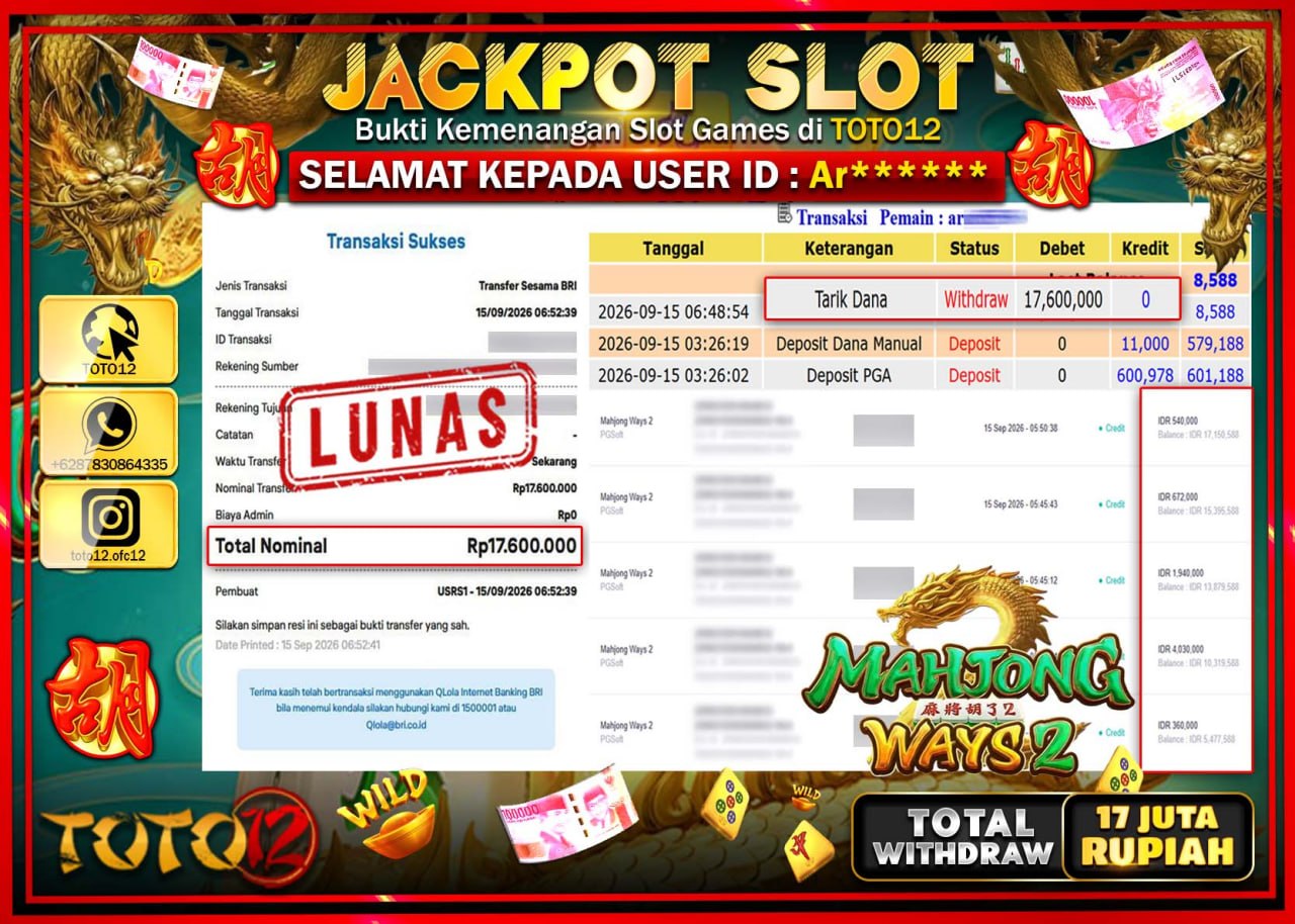 HANYA DI TOTO12 JP PASTI DI BAYAR LUNAS DAN CEPAT!!!!!! JACKPOT SLOT GAME (MAHJONG WAYS 2) Rp17.600.000!!!!