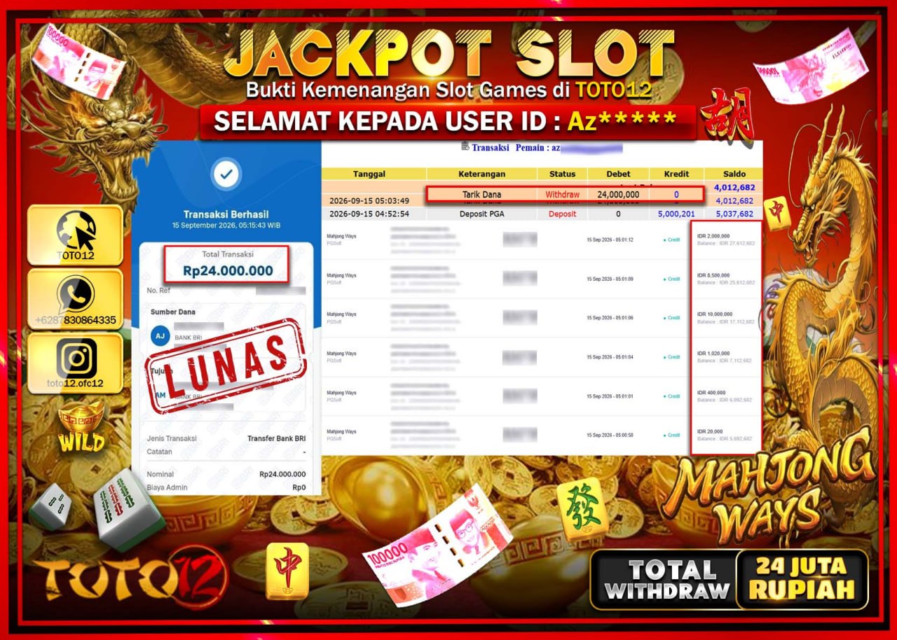 HANYA DI TOTO12 JP PASTI DI BAYAR LUNAS DAN CEPAT!!!!!! JACKPOT SLOT GAME (MAHJONG WAYS) Rp24.000.000!!!!