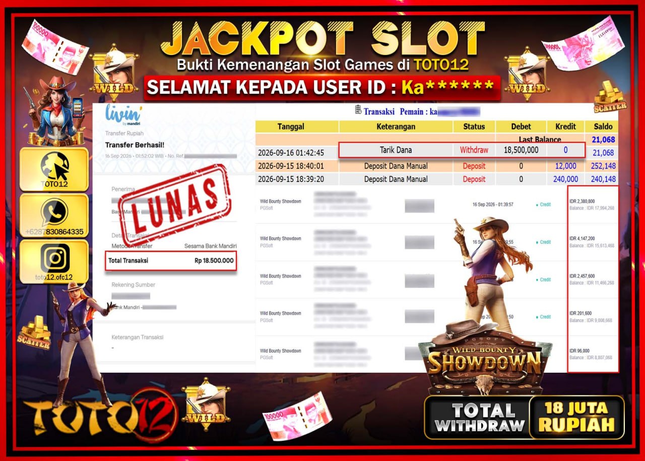 HANYA DI TOTO12 JP PASTI DI BAYAR LUNAS DAN CEPAT!!!!!! JACKPOT SLOT GAME (WILD BOUNTY SHOWDOWN) Rp18.500.000!!!!