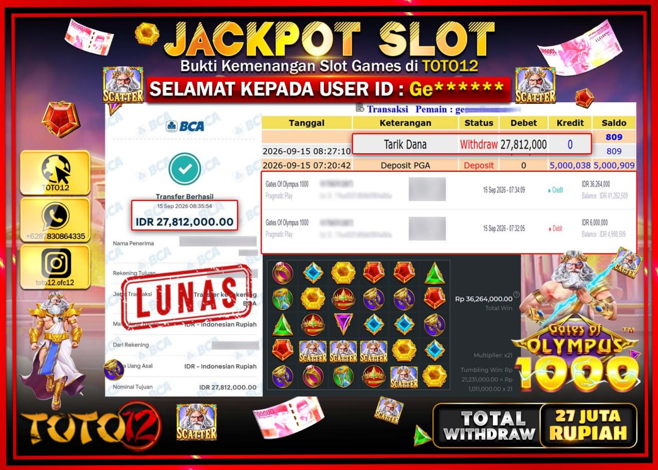 HANYA DI TOTO12 JP PASTI DI BAYAR LUNAS DAN CEPAT!!!!!! JACKPOT SLOT GAME (GATES OF OLYMPUS 1000) Rp27.812.000!!!!