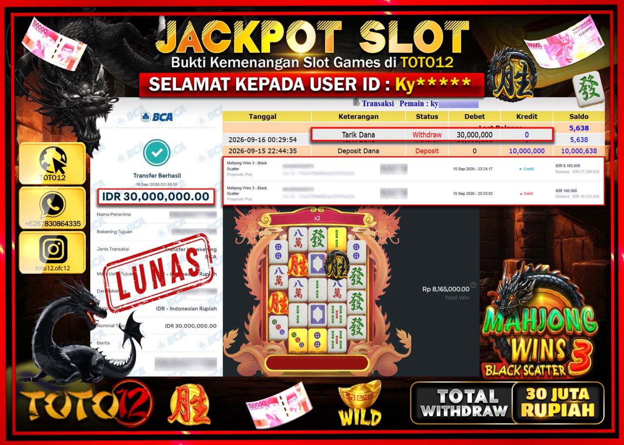 HANYA DI TOTO12 JP PASTI DI BAYAR LUNAS DAN CEPAT!!!!!! JACKPOT SLOT GAME (MAHJONG WINS 3 BLACK SCATTER) Rp30.000.000!!!!