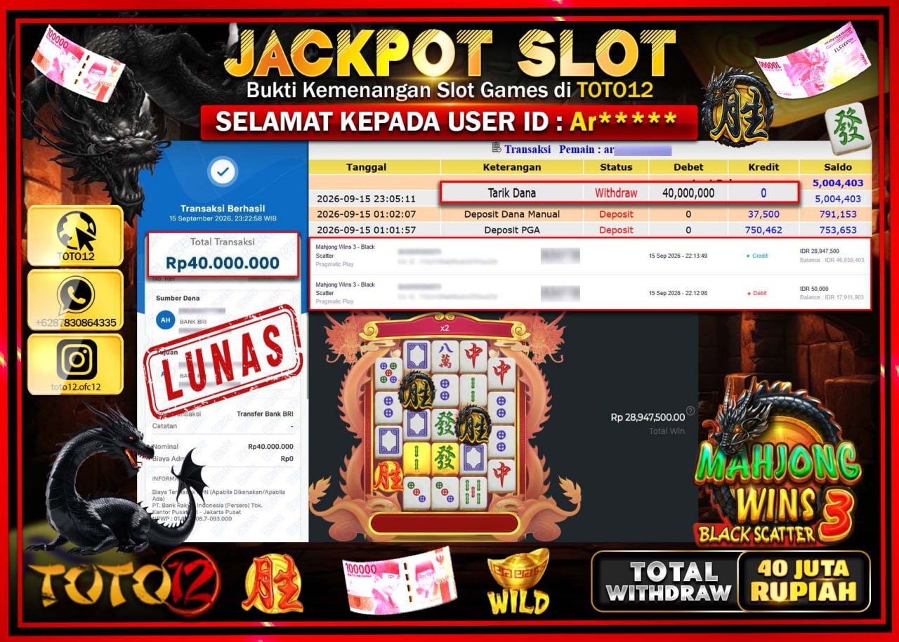 HANYA DI TOTO12 JP PASTI DI BAYAR LUNAS DAN CEPAT!!!!!! JACKPOT SLOT GAME (MAHJONG WINS 3 BLACK SCATTER) Rp40.000.000!!!!