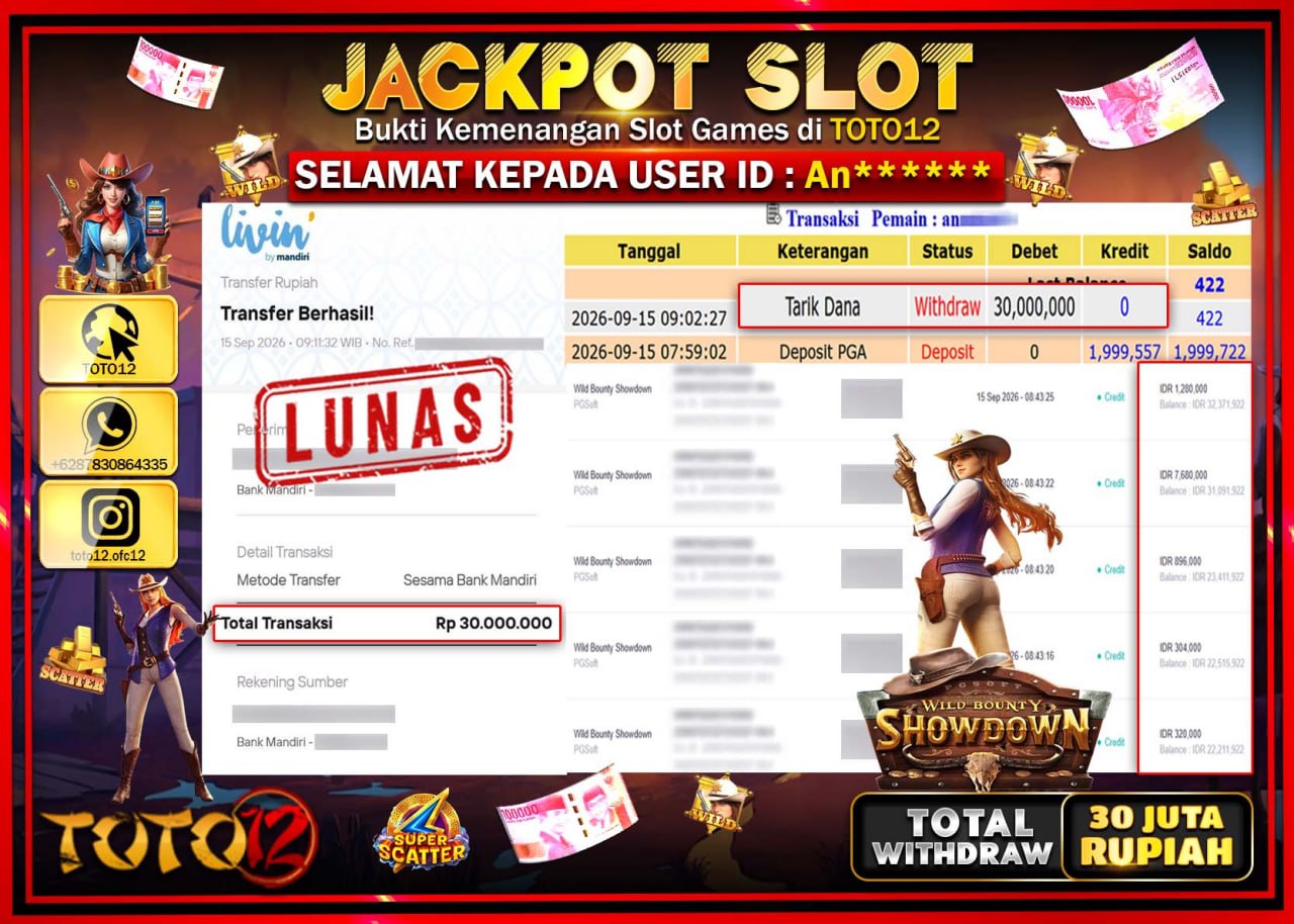 HANYA DI TOTO12 JP PASTI DI BAYAR LUNAS DAN CEPAT!!!!!! JACKPOT SLOT GAME (WILD BOUNTY SHOWDOWN) Rp30.000.000!!!!