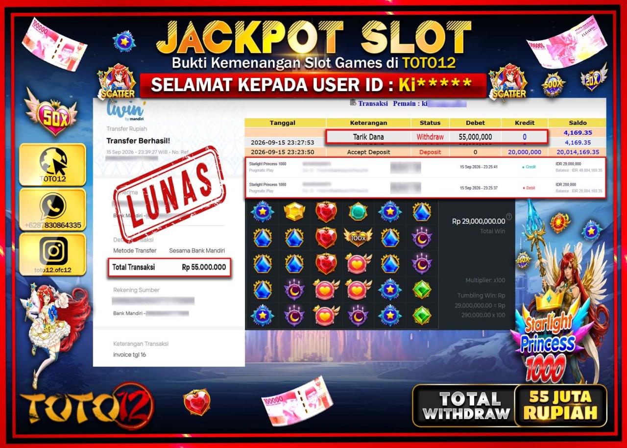 HANYA DI TOTO12 JP PASTI DI BAYAR LUNAS DAN CEPAT!!!!!! JACKPOT SLOT GAME (STARLIGHT PRINCESS 1000) Rp55.000.000!!!!