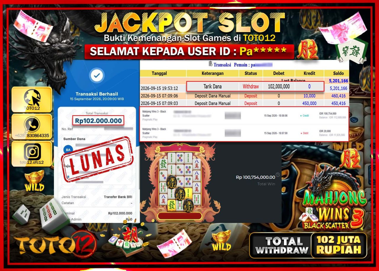 HANYA DI TOTO12 JP PASTI DI BAYAR LUNAS DAN CEPAT!!!!!! JACKPOT SLOT GAME (MAHJONG WINS 3 BLACK SCATTER) Rp102.000.000!!!!