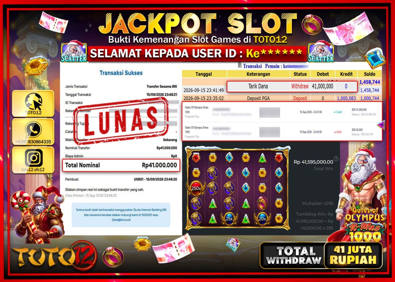 HANYA DI TOTO12 JP PASTI DI BAYAR LUNAS DAN CEPAT!!!!!! JACKPOT SLOT GAME (GATES OF OLYMPUS X-MAX 1000) Rp41.000.000!!!!