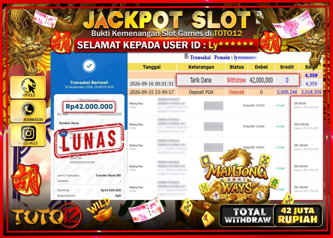 HANYA DI TOTO12 JP PASTI DI BAYAR LUNAS DAN CEPAT!!!!!! JACKPOT SLOT GAME (MAHJONG WAYS) Rp42.000.000!!!!