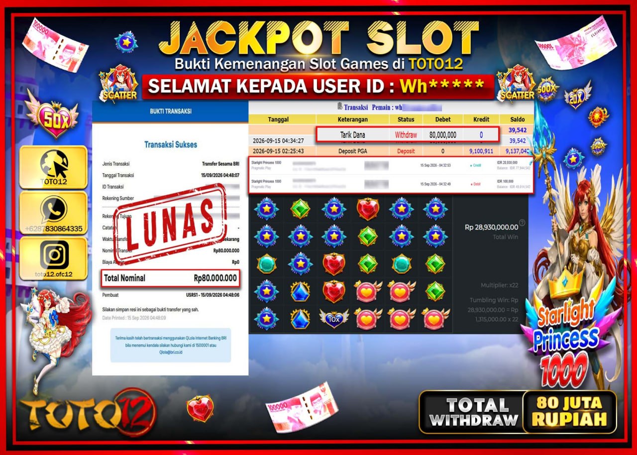 HANYA DI TOTO12 JP PASTI DI BAYAR LUNAS DAN CEPAT!!!!!! JACKPOT SLOT GAME (STARLIGHT PRINCESS 1000) Rp80.000.000!!!!