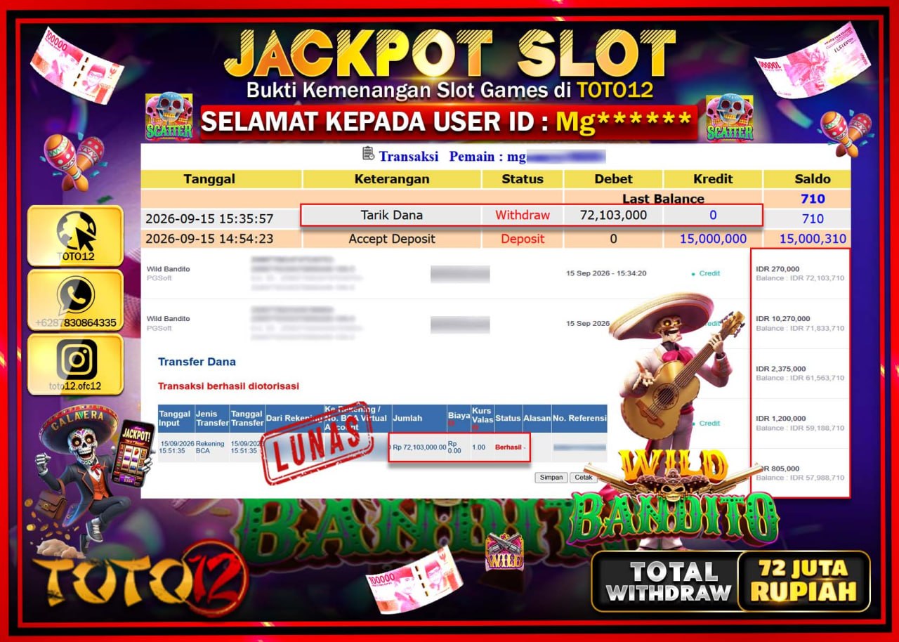 HANYA DI TOTO12 JP PASTI DI BAYAR LUNAS DAN CEPAT!!!!!! JACKPOT SLOT GAME (WILD BANDITO) Rp72.103.000!!!!