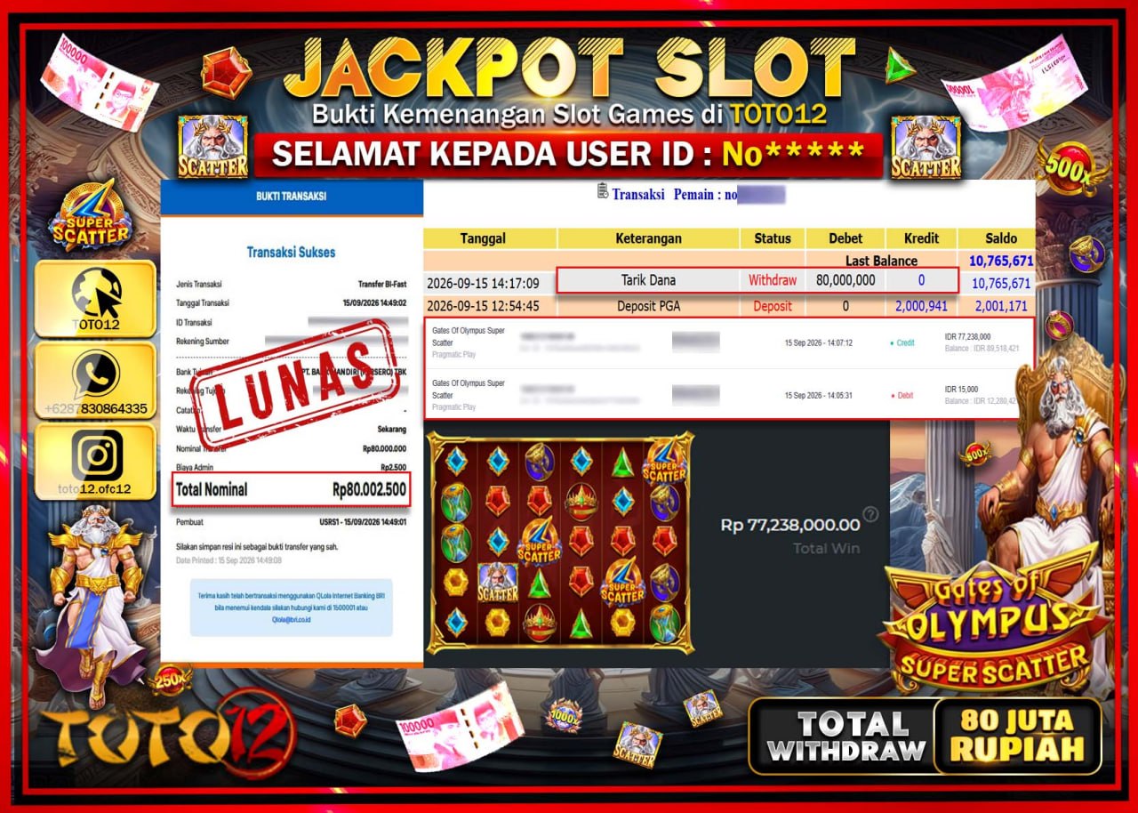 HANYA DI TOTO12 JP PASTI DI BAYAR LUNAS DAN CEPAT!!!!!! JACKPOT SLOT GAME (GATES OF OLYMPUS SUPER SCATTER) Rp80.000.000!!!!