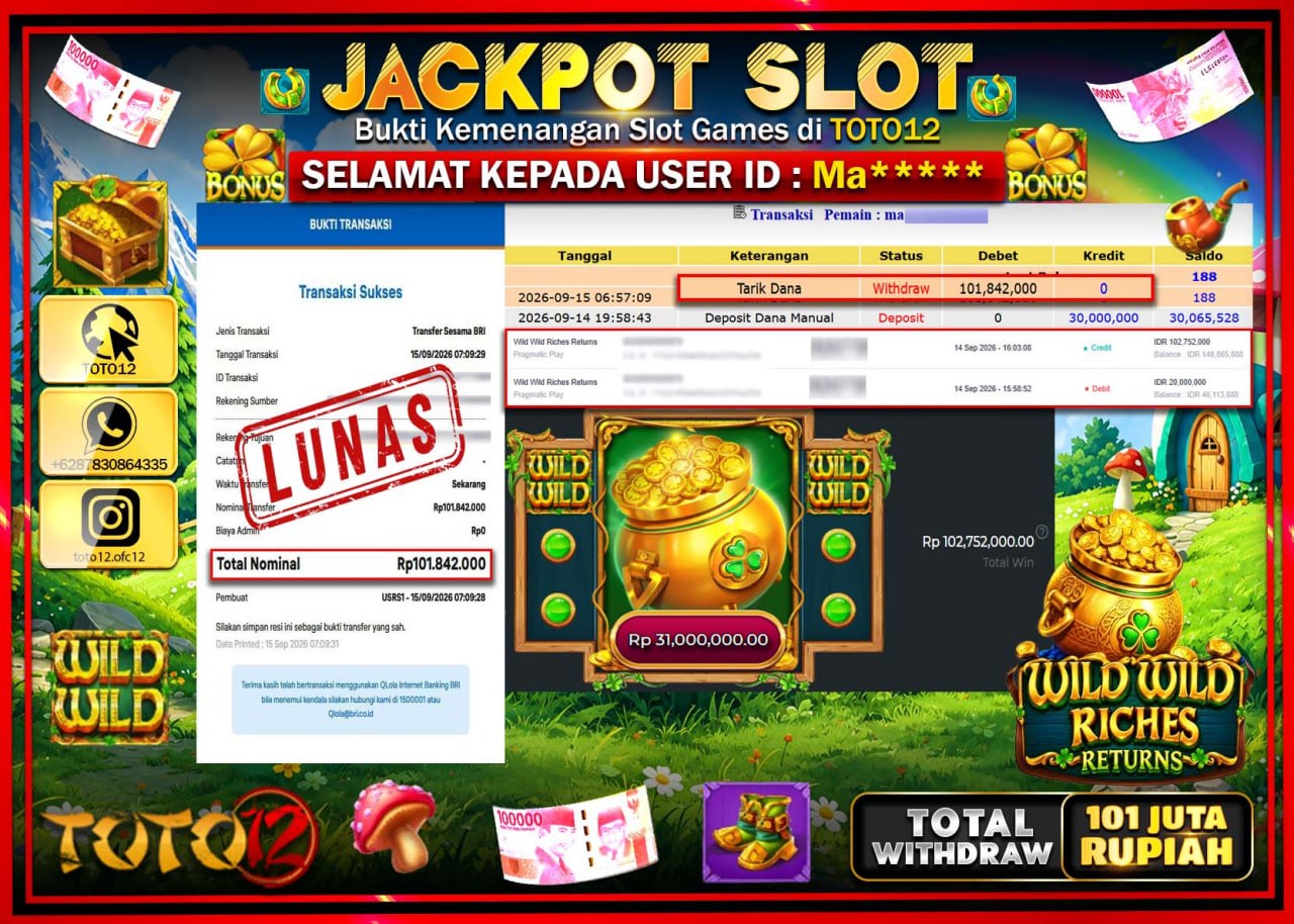 HANYA DI TOTO12 JP PASTI DI BAYAR LUNAS DAN CEPAT!!!!!! JACKPOT SLOT GAME (WILD WILD RICHES RETURNS) Rp101.000.000!!!!