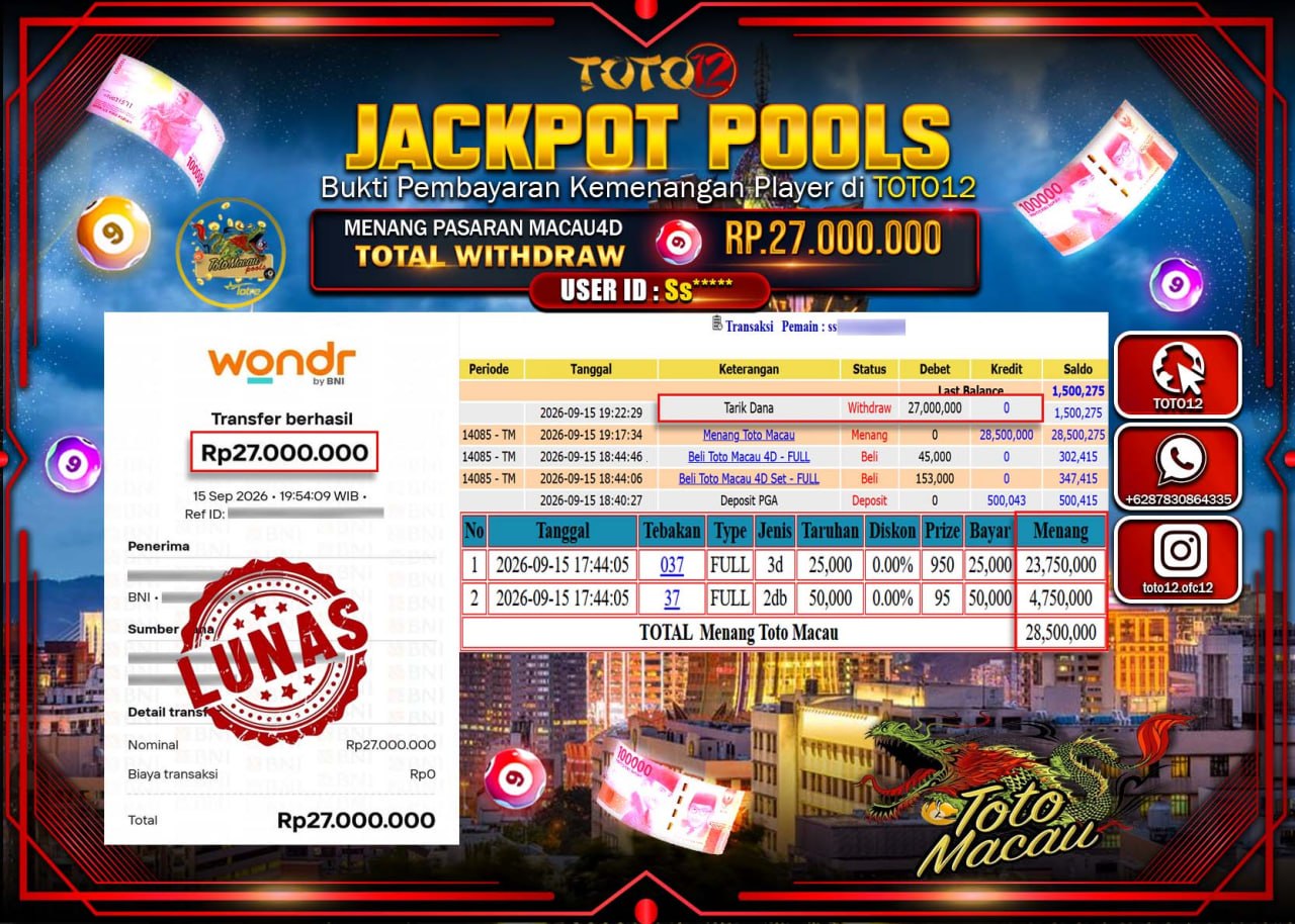 HANYA DI TOTO12 JP PASTI DI BAYAR LUNAS DAN CEPAT!!!!!! JACKPOT POOLS PASARAN (MACAU 4D) Rp27.000.000!!!!