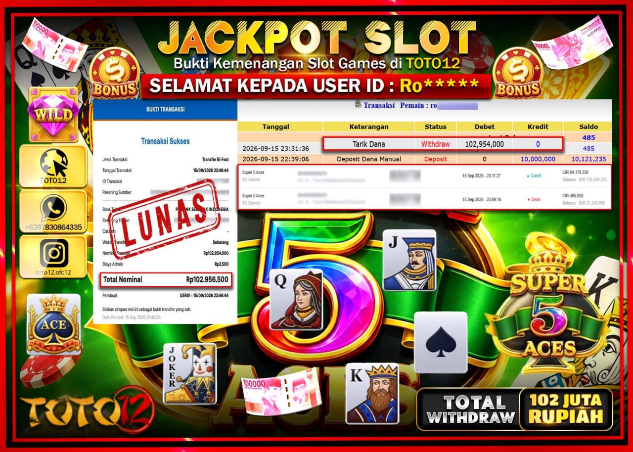 HANYA DI TOTO12 JP PASTI DI BAYAR LUNAS DAN CEPAT!!!!!! JACKPOT SLOT GAME (SUPER 5 ACES) Rp102.954.000!!!!