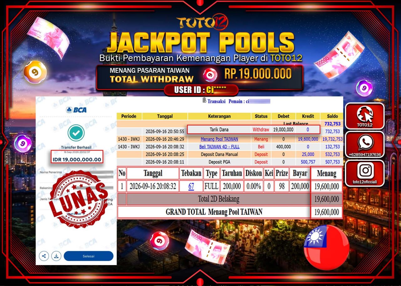 HANYA DI TOTO12 JP PASTI DI BAYAR LUNAS DAN CEPAT!!!!!! JACKPOT POOLS PASARAN (TAIWAN) Rp19.000.000!!!!