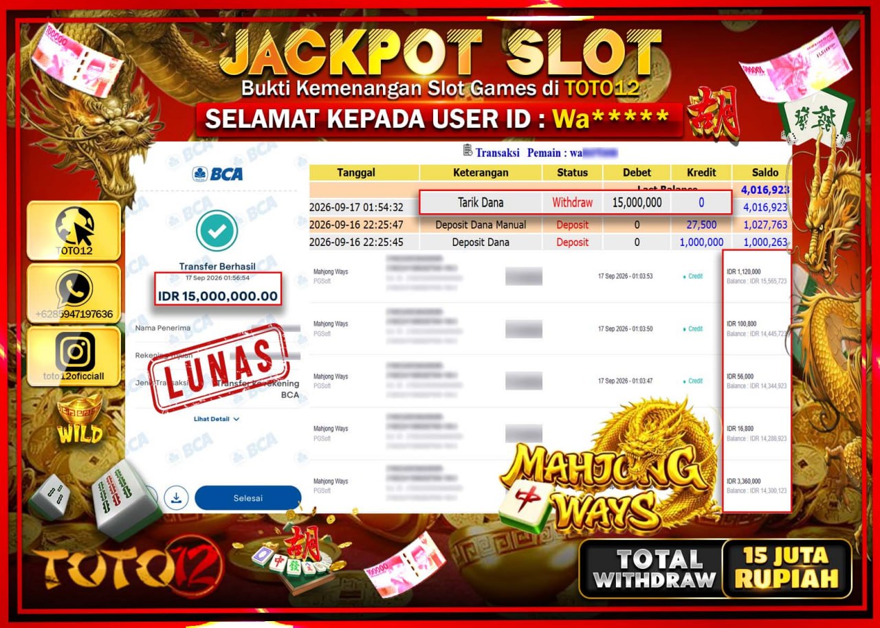 HANYA DI TOTO12 JP PASTI DI BAYAR LUNAS DAN CEPAT!!!!!! JACKPOT SLOT GAME (MAHJONG WAYS) Rp15.000.000!!!!
