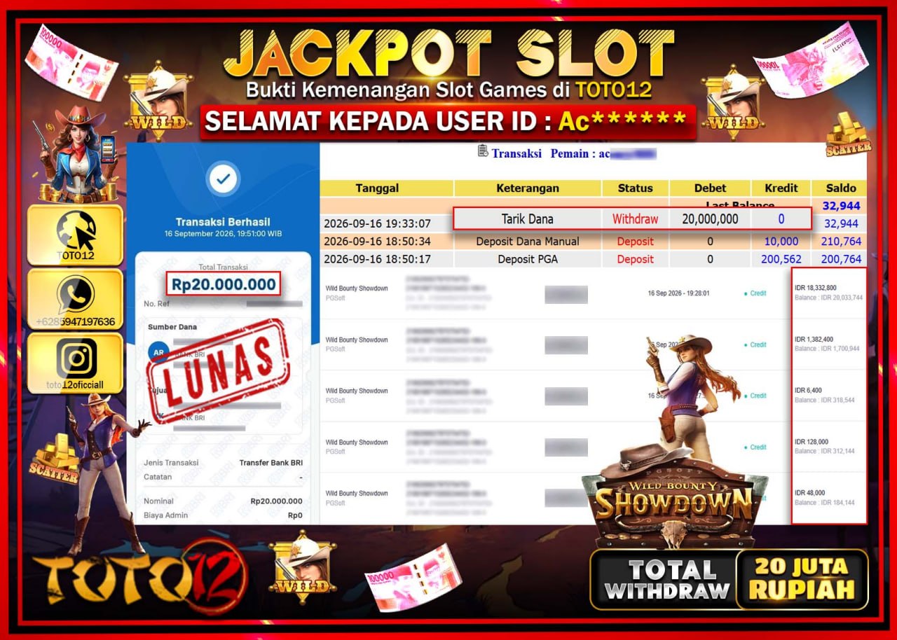 HANYA DI TOTO12 JP PASTI DI BAYAR LUNAS DAN CEPAT!!!!!! JACKPOT SLOT GAME (WILD BOUNTY SHOWDOWN) Rp20.000.000!!!!