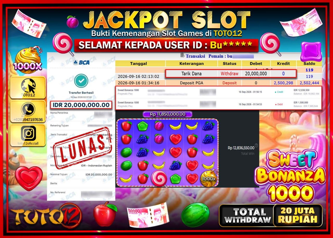 HANYA DI TOTO12 JP PASTI DI BAYAR LUNAS DAN CEPAT!!!!!! JACKPOT SLOT GAME (SWEET BONANZA 1000) Rp20.000.000!!!!