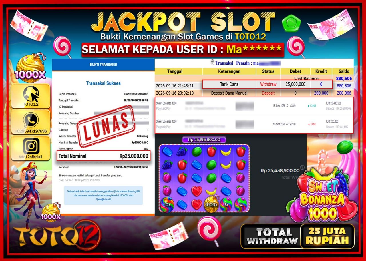 HANYA DI TOTO12 JP PASTI DI BAYAR LUNAS DAN CEPAT!!!!!! JACKPOT SLOT GAME (SWEET BONANZA 1000) Rp25.000.000!!!!