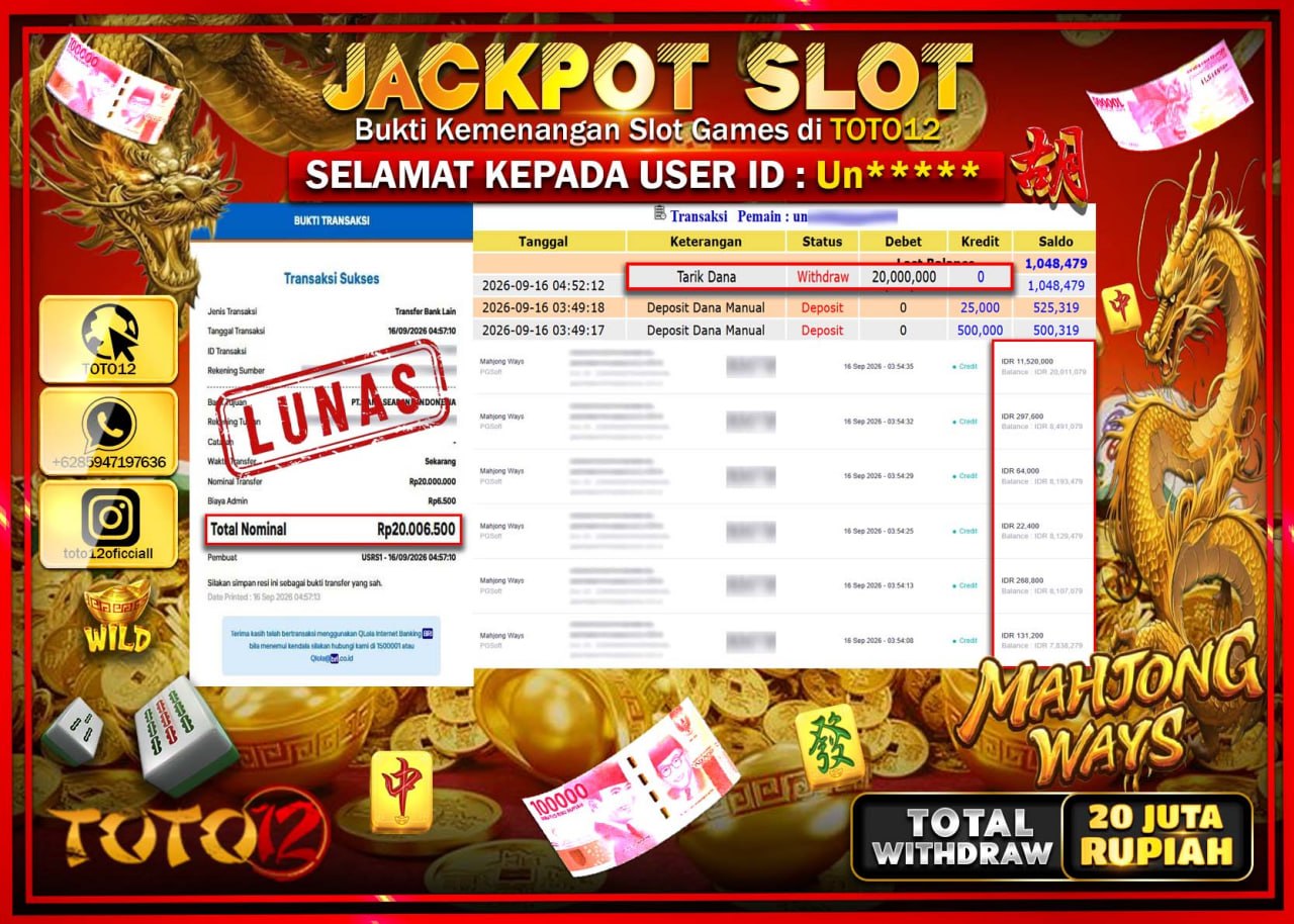 HANYA DI TOTO12 JP PASTI DI BAYAR LUNAS DAN CEPAT!!!!!! JACKPOT SLOT GAME (MAHJONG WAYS) Rp20.000.000!!!!